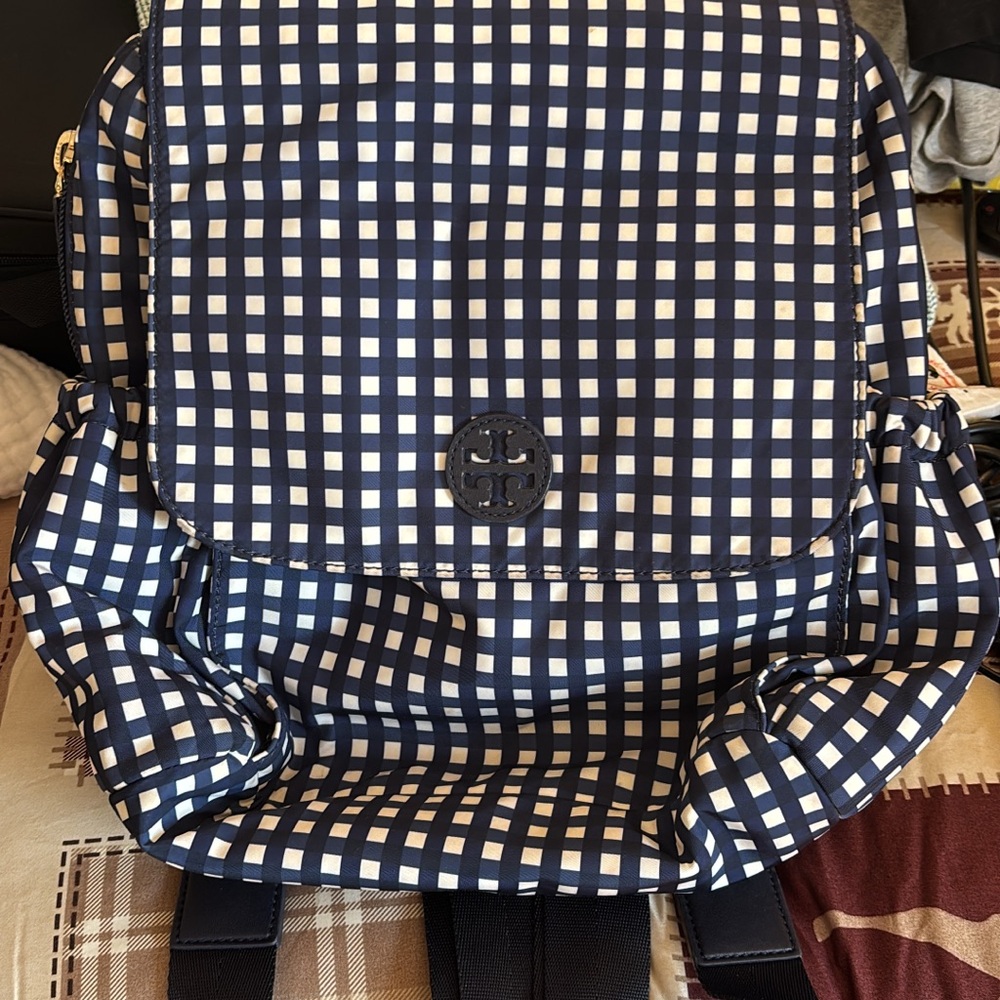 Tory Burch Navy and White Checkered Backpack